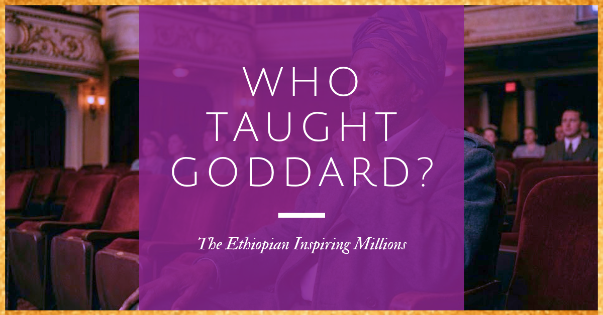 An elderly Black man with an astute expression wearing a purple turban and grey coat, seated in a 1930s-style theater. A purple transparent overlay features the text: "WHO TAUGHT GODDARD? The Ethiopian Inspiring Millions." The image sets the stage for a blog post that goes into detail of how Abdullah, a black man, is the inspiration of the esteemed Neville Goddard.